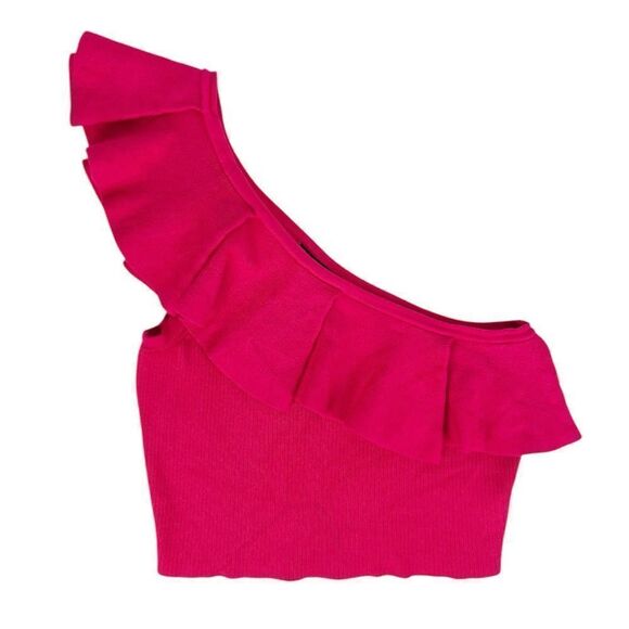 Express Tops - Express Pink Ribbed Heavy Knit One Shoulder Blouse Top Ruffle Front Size Medium